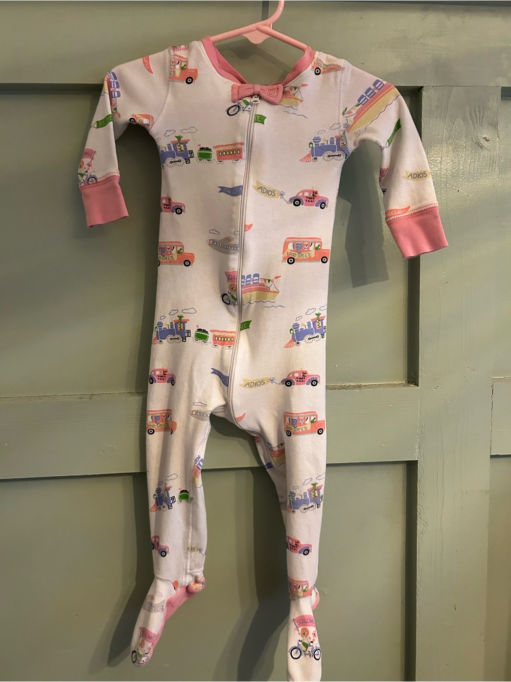 The Beaufort Bonnet Company Pink & White Footed One-Piece with Vehicle Print